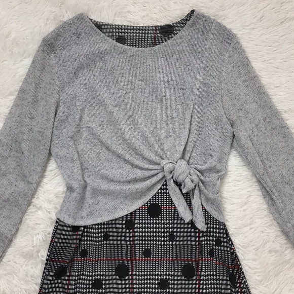 Light Gray Overlay Top Over Checkered Sheer Blouse - Picture 3 of 6